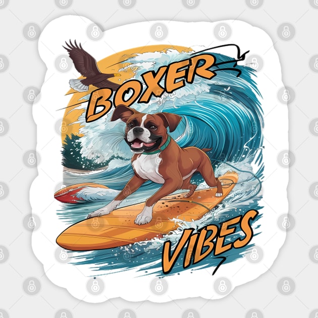 Majestic Boxer Surfer Conquering Waves Sticker by coollooks